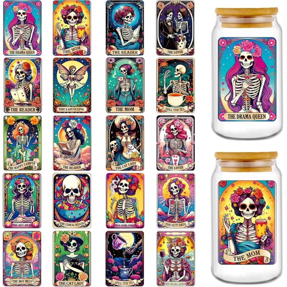 UV DTF Cup Wrap - 20 Sheets Skull UV DTF Cup Wraps for 16 oz Gothic Skeleton UVDTF Decals for Tumblers Waterproof Rub on Transfer Stickers for Glass Cups Wood DIY Crafts