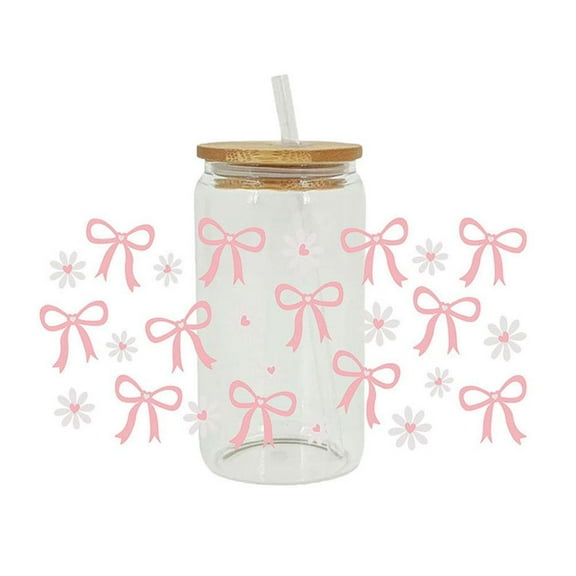 UV DTF Cup Wrap - Cute UV DTF Cup Wraps for 16 oz Glass Water Bottle, Pink Bow Uvdtf Transfer Stickers for Girls DIY Craft Decorations, Creative Gifts for Girlfriend
