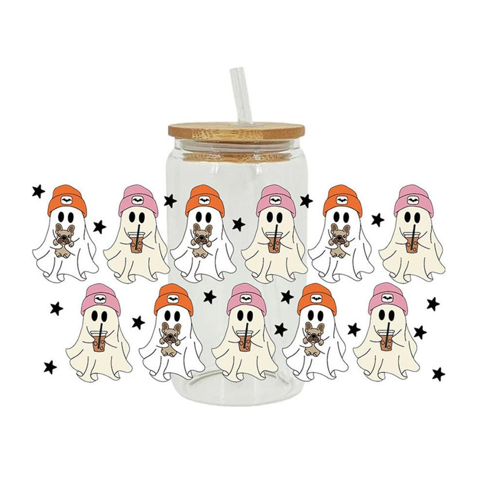 10Sheets UV DTF Cup Wrap Transfer Stickers For Glass 10 Styles Halloween Cute Ghost Pumpkin Rub Transfers Decal 16oz Cups Furniture Craft