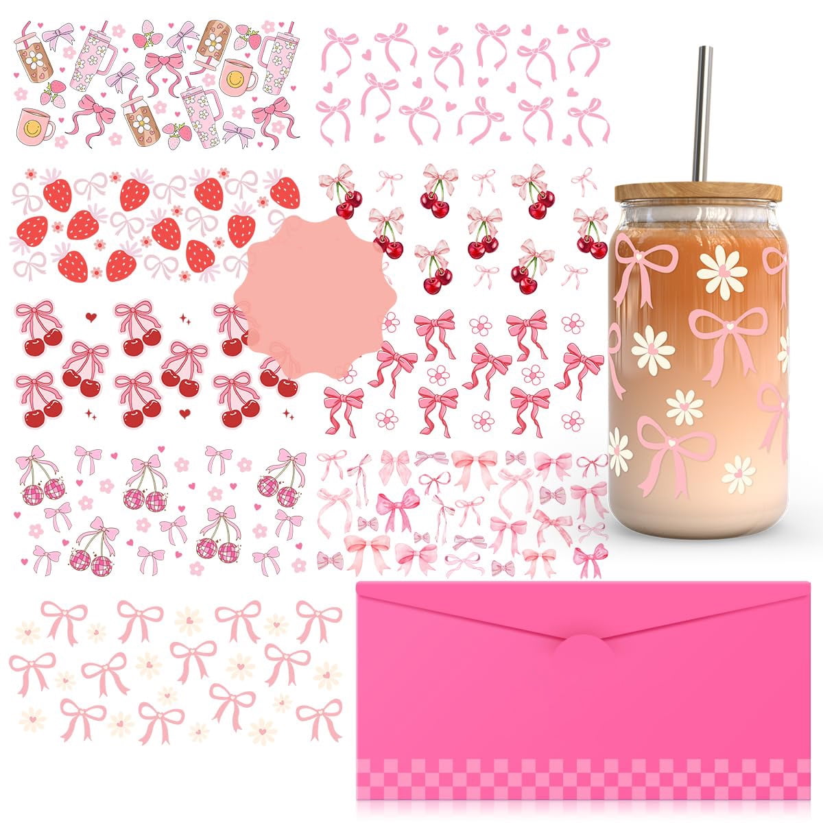 16 oz Libbey Glass UV DTF Wraps, 10 Sheets Pink Bow Decals + 1 Unique ...