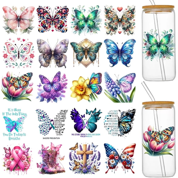 UV DTF Cup Wraps for 16 oz Glass Cups- 20 Sheets Butterfly Uvdtf Cup Wraps Vinyl Decals for Tumblers, Rub on Transfers for Crafts, Cold Transfer Stickers for Mugs Coffee, Bookmarks, Wood Furniture
