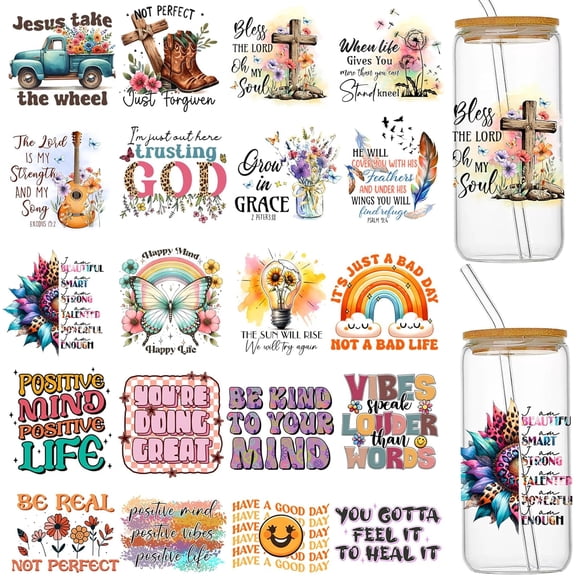 UV DTF Cup Wraps for 16 oz Glass Cups- 20 Sheets Faith Uvdtf Cup Wraps Vinyl Decals for Tumblers, Rub on Transfers for Crafts, Cold Transfer Stickers for Bookmarks, Wood Furniture, Water Bottles