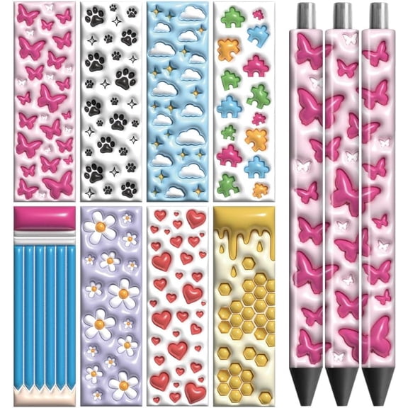 UV DTF Pen Wraps Transfer Sticker 3D Stereoscopic Pattern - 48pcs Waterproof HD Print UV DTF Pen Adhesive Decals for Personalized DIY Pencil Pen Crafts Gifts Giving for Mothers Day