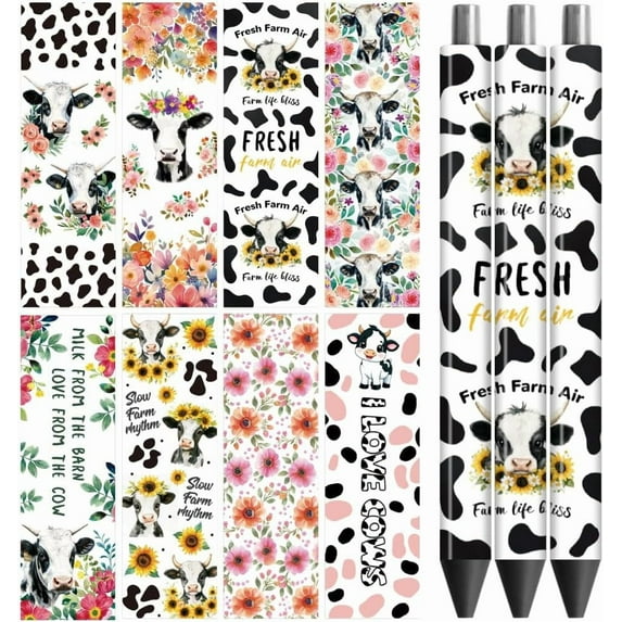 UV DTF Pen Wraps Transfer Sticker Cow and Flower - 48pcs Waterproof HD Print UV DTF Pen Adhesive Decals for Personalized DIY Pencil Pen Decorative Crafts Gifts Giving