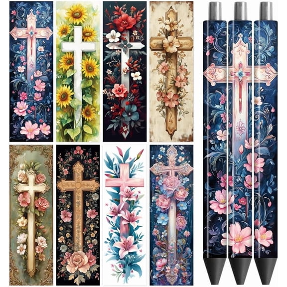 UV DTF Pen Wraps Transfer Sticker Cross Pattern and Flower - 48pcs Waterproof HD Print UV DTF Pen Adhesive Decals for Personalized DIY Pencil Pen Crafts Gifts Giving for Mothers Day Plastic