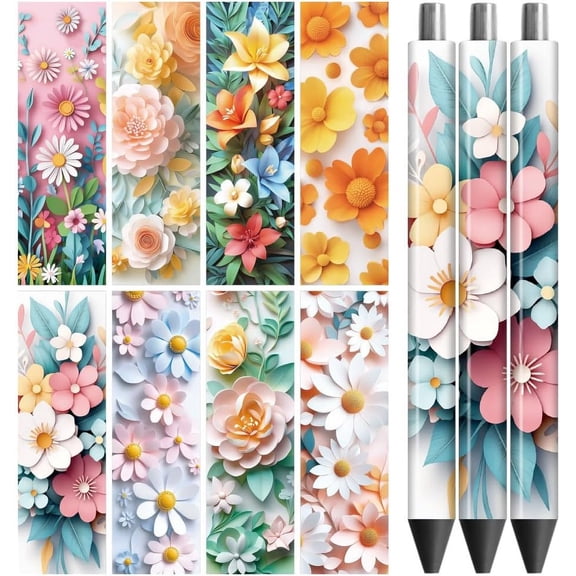 UV DTF Pen Wraps Transfer Sticker Decal 3D Flowers - 48pcs Waterproof HD Print UV DTF Pen Adhesive Decals for Personalized DIY Pencil Pen Decorative Crafts Gifts Giving Colorful