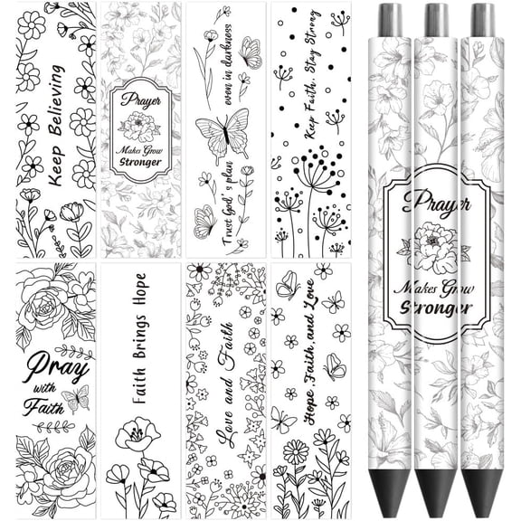 UV DTF Pen Wraps Transfer Sticker Decal Black Flower Faith Tex - 48pcs Waterproof HD Print UV DTF Pen Adhesive Decals for Personalized DIY Pencil Pen Crafts Gifts Giving for Mothers Day