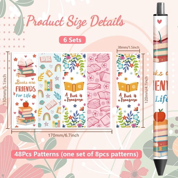 UV DTF Pen Wraps Transfer Sticker Decal Books and Flowers Words - 48pcs Waterproof HD Print UV DTF Pen Adhesive Decals for DIY Pencil Pen Decorative Crafts Gifts Giving for Mothers Day