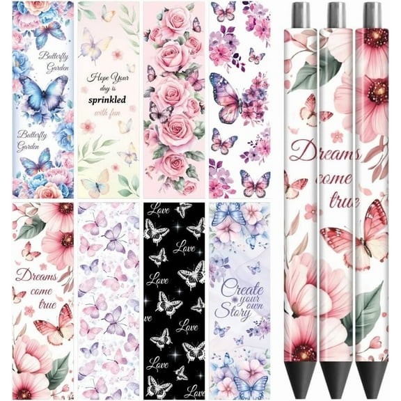 UV DTF Pen Wraps Transfer Sticker Decal Butterflies and Roses Flower - 48pcs Waterproof HD Print UV DTF Pen Adhesive Decals for DIY Pencil Pen Decorative Crafts Gifts Giving Mothers Day Colorful
