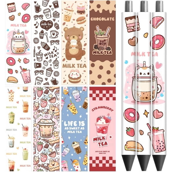 UV DTF Pen Wraps Transfer Sticker Decal Milk Tea - 48pcs Waterproof HD Print UV DTF Pen Adhesive Decals for Personalized DIY Pencil Pen Decorative Crafts Gifts Giving