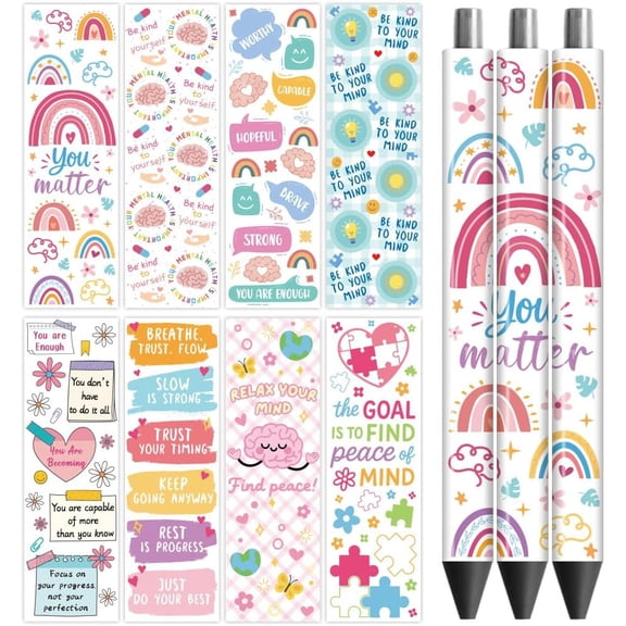 UV DTF Pen Wraps Transfer Sticker Mental Health Words - 48pcs Waterproof HD Print UV DTF Pen Adhesive Decals for Personalized DIY Pencil Pen Crafts Gifts Giving for Mothers Day Making DIY