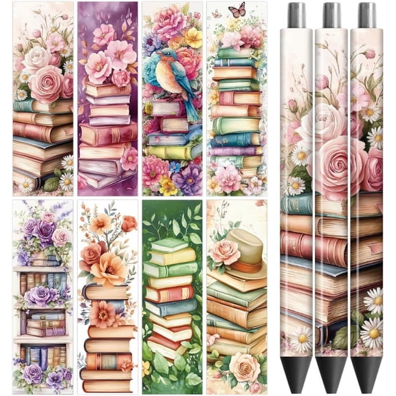 UV DTF Pen Wraps Transfer Sticker A Stack of Books - 48pcs Waterproof HD Print UV DTF Pen Adhesive Decals for Personalized DIY Pencil Pen Decorative Crafts Gifts Giving for Mothers Day for DIY