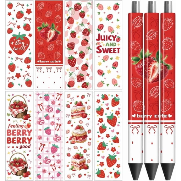 UV DTF Pen Wraps Transfer Sticker Strawberries - 48pcs Waterproof HD Print UV DTF Pen Adhesive Decals Personalized DIY Pencil Pen Decorative Crafts Gifts Giving