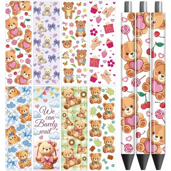UV DTF Pen Wraps Transfer Sticker Teddy Bear - 48pcs Waterproof HD Print UV DTF Pen Adhesive Decals for Personalized DIY Pencil Pen Decorative Crafts Gifts Giving for Mothers Day Colorful DIY