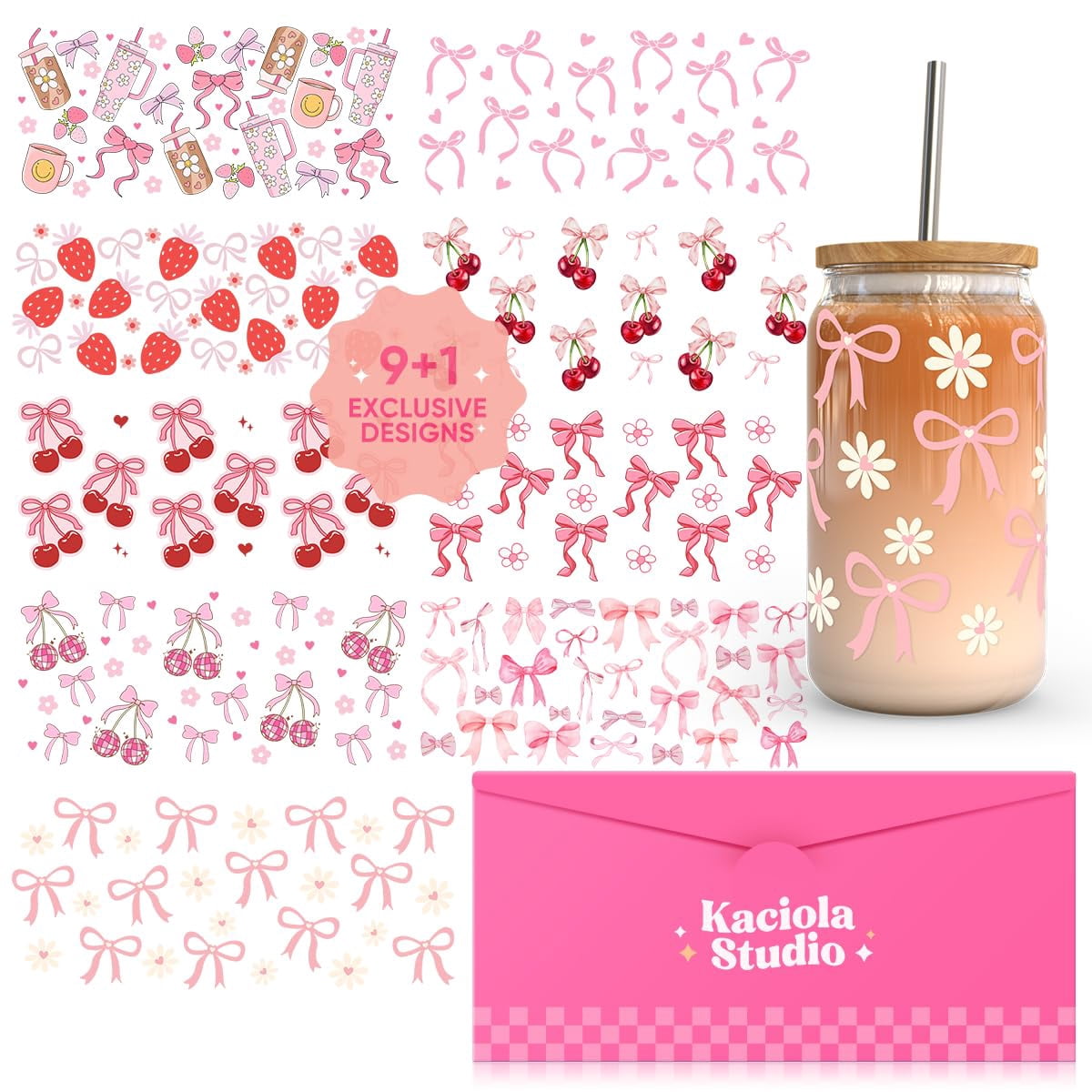 Bow Themed UV DTF Stickers for 16 oz Cups, 10 Sheets Pink Adhesive ...