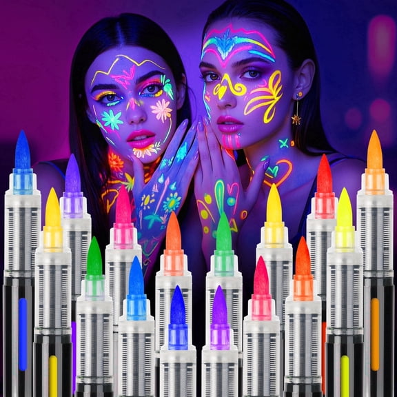 UV Face & Body Paint under Black Light, 16 Colors Glow in the Dark Easter Paint for Skin, Temporary Tattoo Markers, Neon Blacklight Fluorescent Makeup Kit
