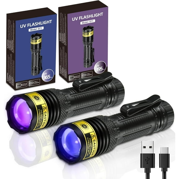 UV Flashlight 365&395nm Black Light Mini USB Rechargeable Ultraviolet LED Blacklight Woods Lamp Powerful Fluorescent Portable Detector for Pet Urine Stains, Money, Resin Curing2 Pack