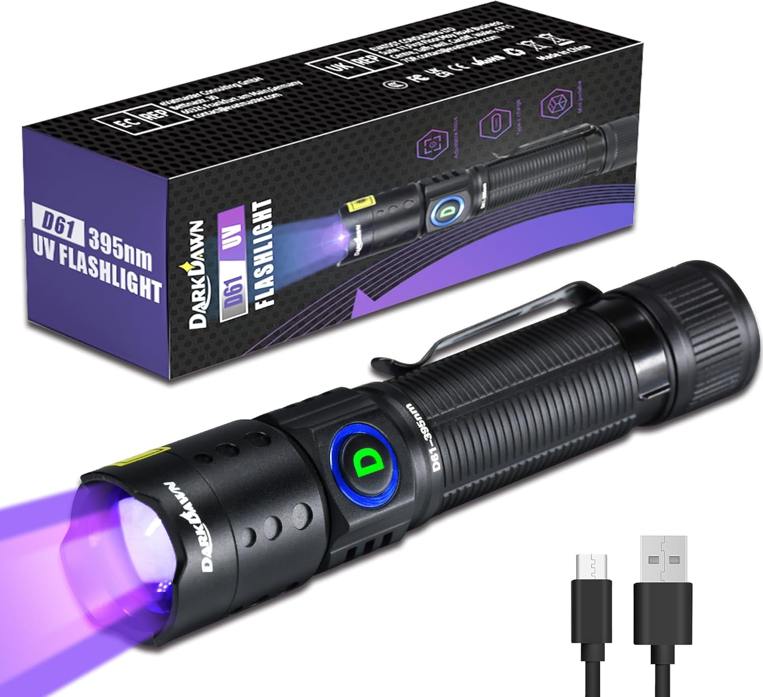 UV Flashlight 395nm Black Light Mini USB Rechargeable Ultraviolet LED ...