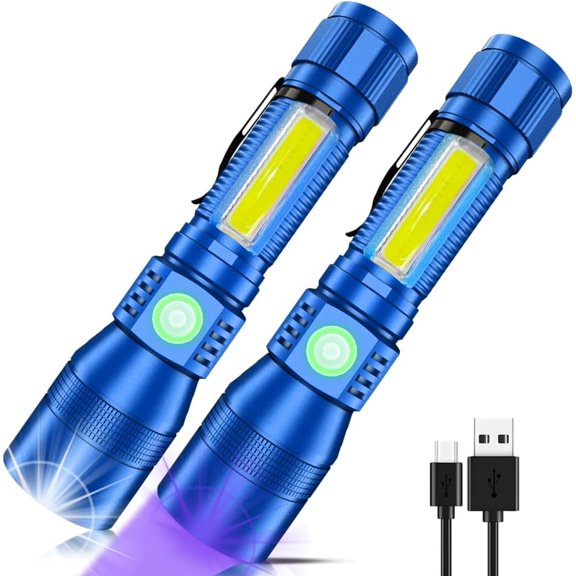 UV Flashlight Black Light, 2-Pack USB Rechargeable Blacklight Flashlight with Magnetic - Side Work Light, 7 Modes, Zoomable, Waterproof LED Torch for Mechanics Pet Urine Stains Detector,Blue