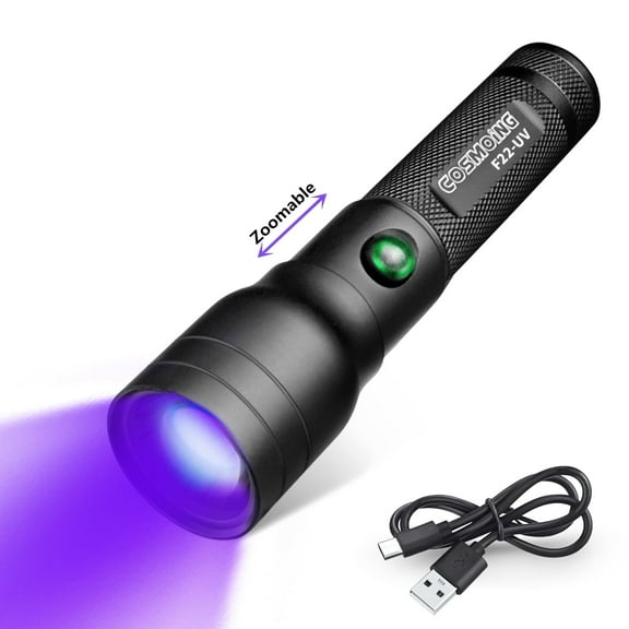 UV Flashlight USB C Rechargeable, 395nm Blacklight Flashlight, Zoomable Ultraviolet Pen Flashlight IP54 Waterproof Detector with Battery