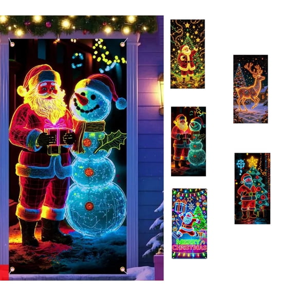 UV Fluorescent Christmas Door Cover - Glow-in-the-Dark Party Decor with Santa & Tree Design, Light-Up Holiday Door Decoration for Home, Office & Festive Gatherings, 70.8*35.4in, E