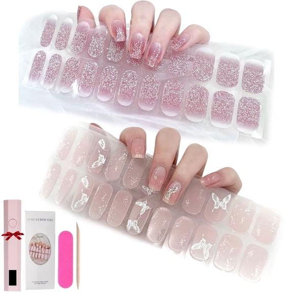 UV Gel Nail Stickers,Gel Nail Sticker Kit with Light,Nail Stickers for Gel Nails,DIY Gel Nail Stickers Starter Kit (2Set-E)