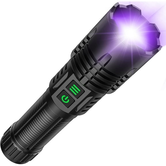 UV&High Lumens Flashlight Rechargeable, 2-in-1 Powerful Blacklight LED Flashlight Tactical 6 Modes Super Bright Waterproof Zoomable Detector for Pet Urine Curing Resin Camping Emergencies