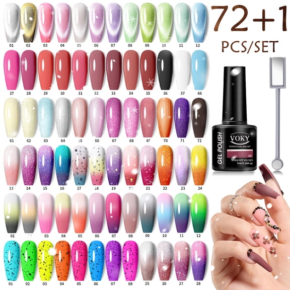 VOKY 72 Colors Gel Nail Polish Set with 1 Magnetic Color Display Stick, Soak Off UV LED Thermal Cat Eye Glitter Nail Gel Kit for DIY Salon Manicure