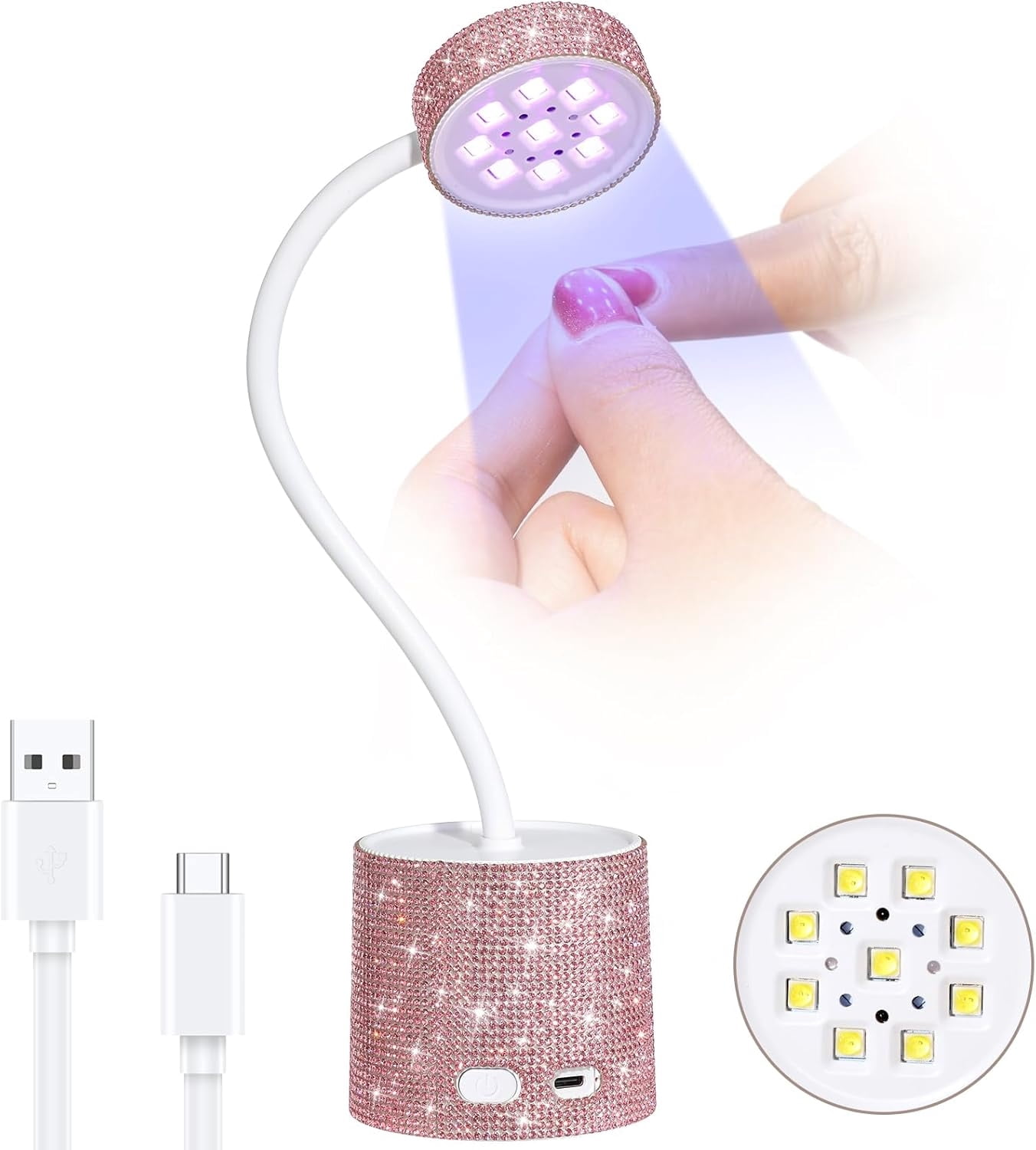 UV LED Nail Lamp, Mini UV Light for Gel Nails Polish, Rechargeable LED Flash Cure Nail Dryer, Quick Drying Goosenecks UV Nail Lamp for Home Nail Salon DIY Manicure, AB Diamond,Rose Red Sticky Diamond