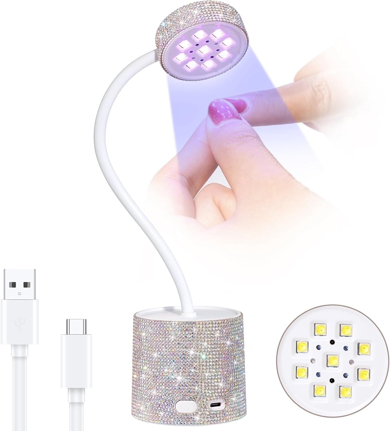 UV LED Nail Lamp, Mini UV Light for Gel Nails Polish, Rechargeable LED Flash Cure Nail Dryer, Quick Drying Goosenecks UV Nail Lamp for Home Nail Salon DIY Manicure, AB Diamond,Silver Sticky Diamond,A