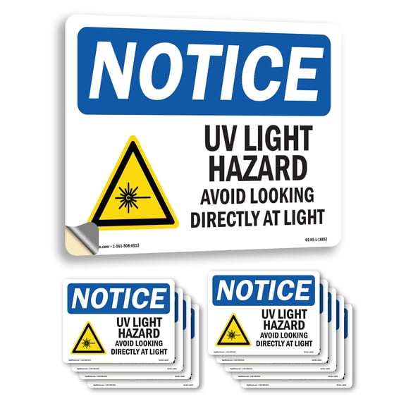 UV Light Hazard Avoid Looking With Symbol OSHA Notice Vinyl Decal Label 10 Inch x 7 Inch - 10 Pack
