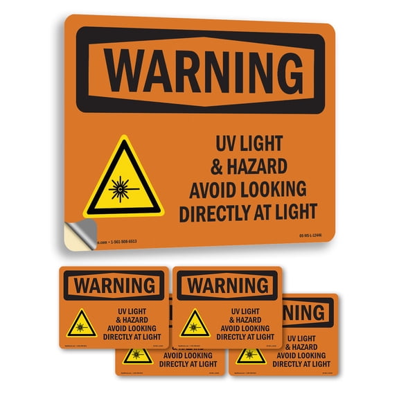 UV Light Hazard Avoid Looking With Symbol OSHA WARNING Vinyl Decal Label 5 Inch x 3.5 Inch - 5 Pack