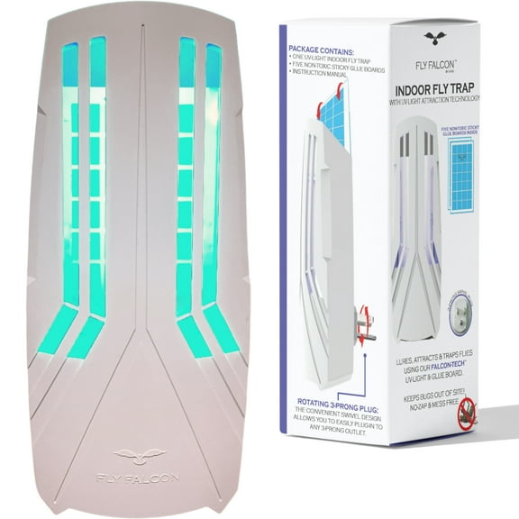 UV Light Indoor Fly Trap - Plug in Flying Insect Trap with UV Light Lure - Includes 5 Sticky Glue Traps - Perfect for Mosquito, gnat, Moth, Fruit Flies, House Flies & Fleas