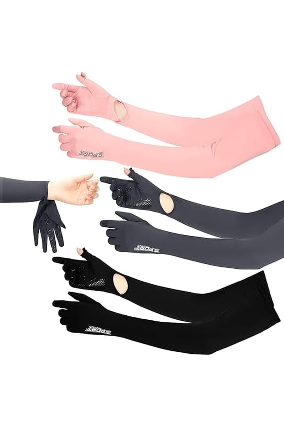 UV Long Sun Protection Gloves for Women, 3 Pairs Sunblock Non Slip Full Finger Protective Arm Gloves UPF 50+ ,Sunblock Driving Gloves for Long Driving,Cycling,Outdoor Sports(Pink,Deep Gray,Black)