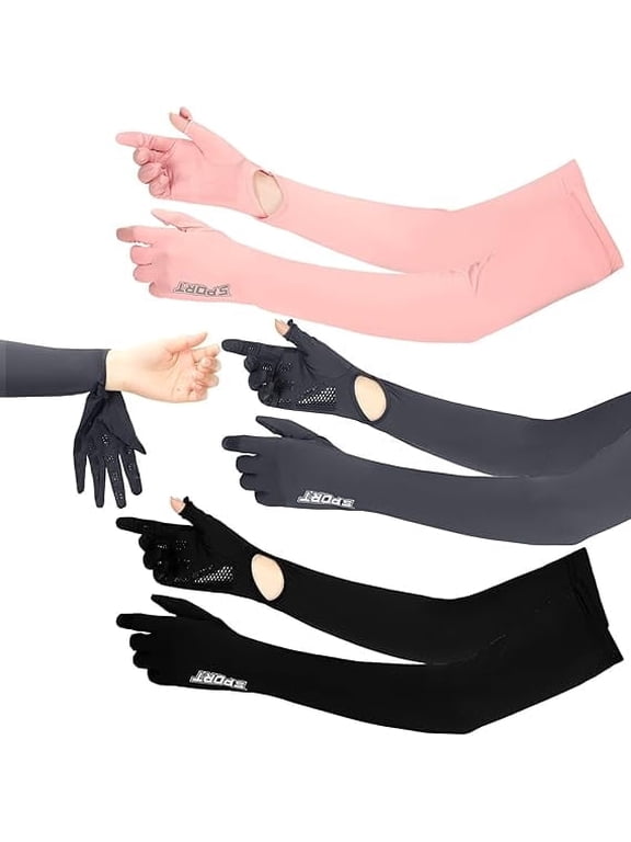 UV Long Sun Protection Gloves for Women, 3 Pairs Sunblock Non Slip Full Finger Protective Arm Gloves UPF 50+ ,Sunblock Driving Gloves for Long Driving,Cycling,Outdoor Sports(Pink,Deep Gray,Black)