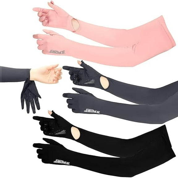 UV Long Sun Protection Gloves for Women, 3 Pairs Sunblock Non Slip Full Finger Protective Arm Gloves UPF 50+ ,Sunblock Driving Gloves for Long Driving,Cycling,Outdoor Sports(Pink,Deep Gray,Black)