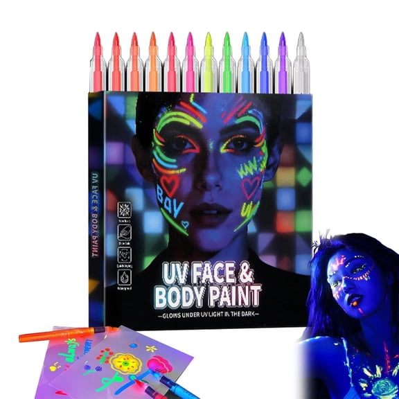 UV Neon Face Paint Markers 12 Colors, Face And Body Paint Markers Set, Glow In The Dark Faces Paint Marker, Glow In The Dark Washable Multi-Sur Art Pens For Temporary Tattoo