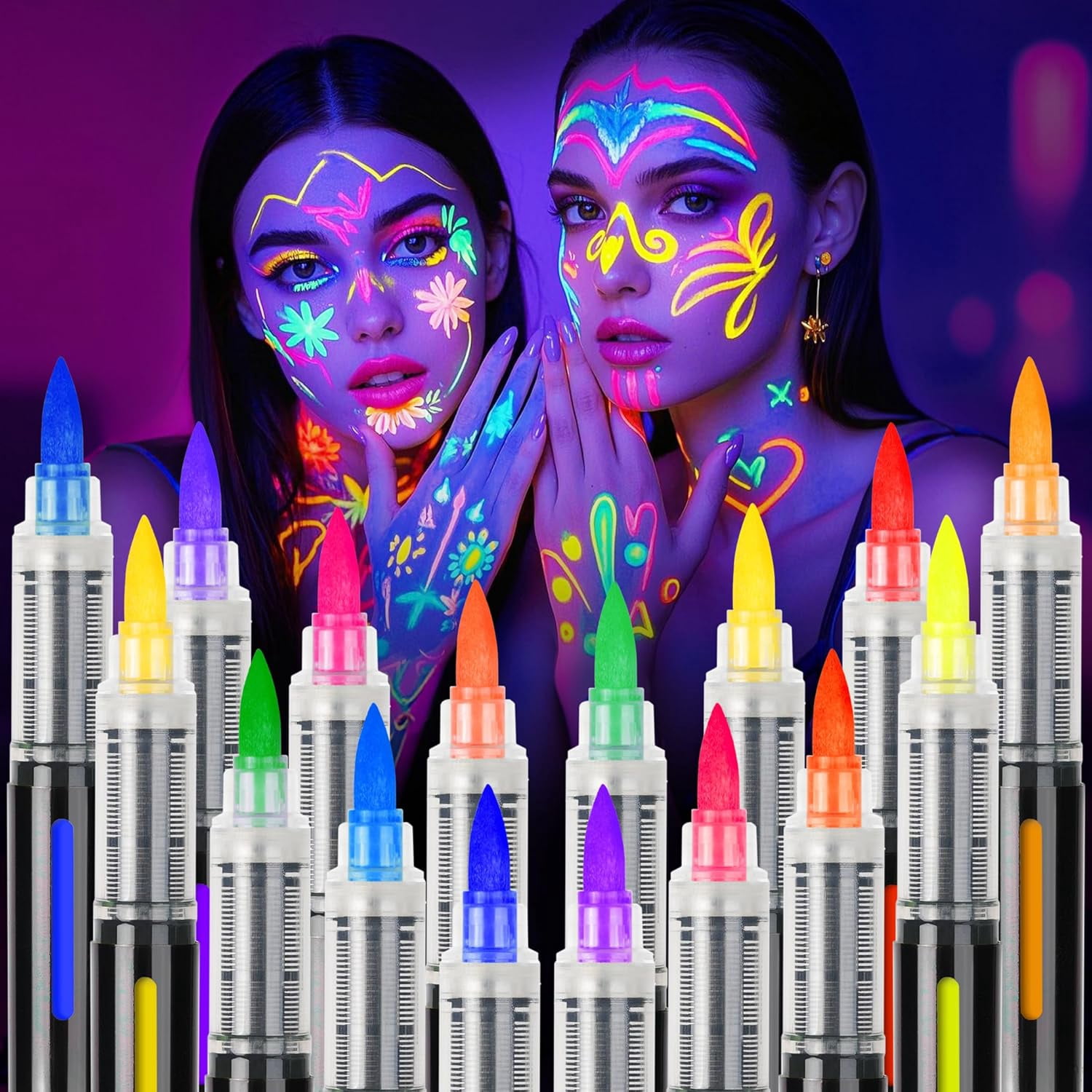 UV Neon Face Paint Markers 8/18 Colors, Glow in the Dark Body Paint Pens for Skin, Washable Temporary Tattoo Markers for Halloween Party Cosplay