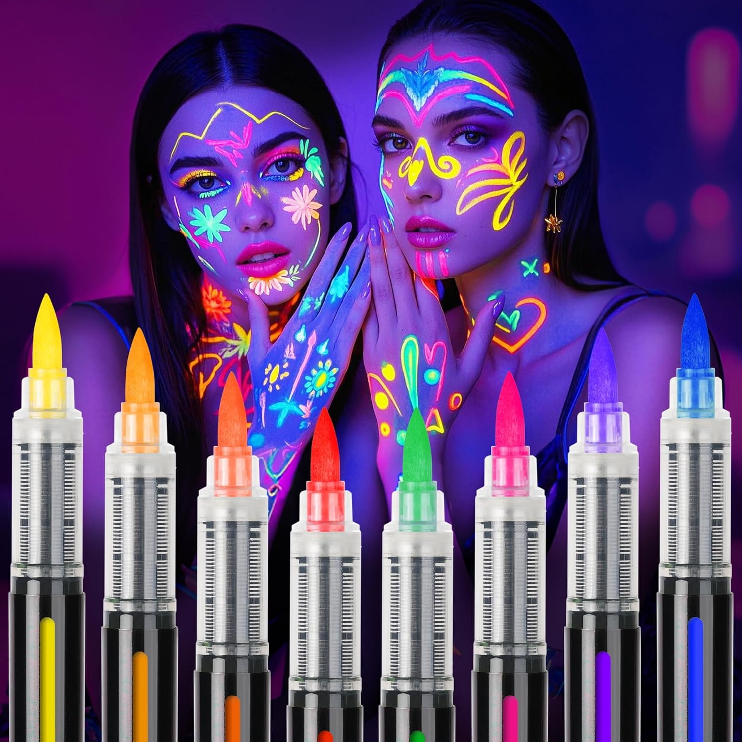 UV Neon Face Paint Markers 8/18 Colors, Glow in the Dark Body Paint Pens for Skin, Washable Temporary Tattoo Markers for Halloween Party Cosplay