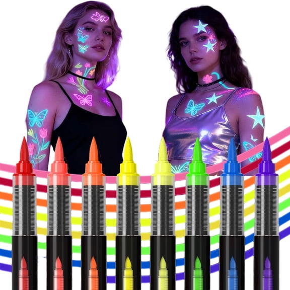 UV Neon Face Paint Markers, 8-Color Glow-in-the-Dark, Waterproof & Skin-Safe Blacklight Pens for Parties