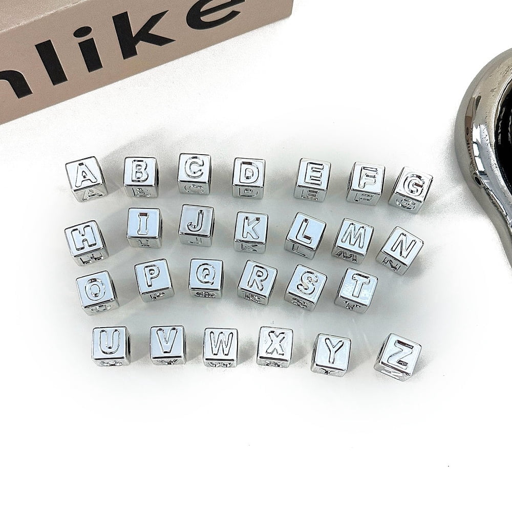 UV Plating Acrylic Beads Square with Letter 16.2x12x16.2mm Hole: 7mm