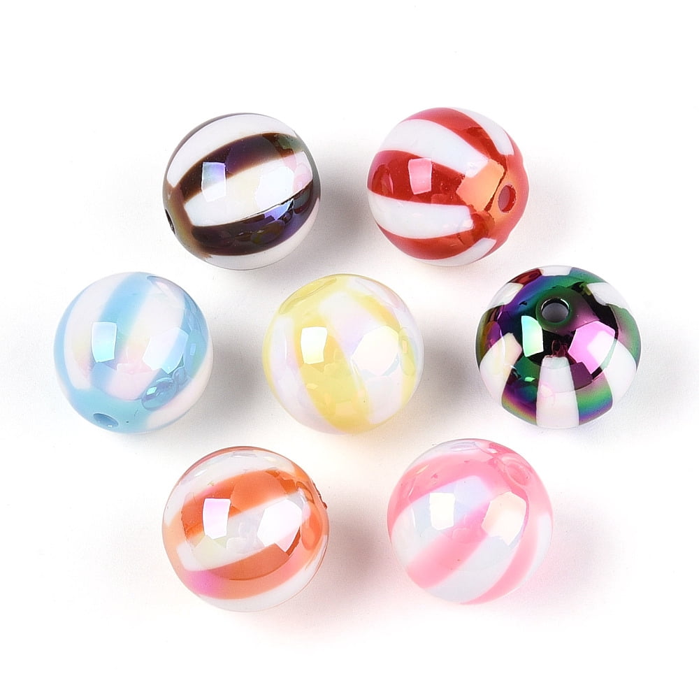 UV Plating Opaque Acrylic Beads Iridescent Round with Stripe Mixed color 12x11~11.6mm Hole: 2.5mm