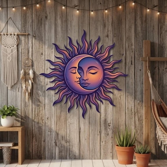UV Printed Aluminum Sun and Moon Wall Art, Celestial Outdoor Patio Garden Decor