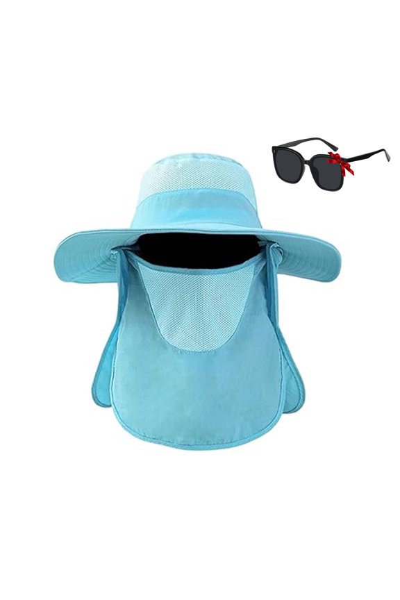 UV Protection Bucket Hat with Face Cover, Protection Hat with Full Face Neck Coverage, Breathable Mesh for Hiking, Fishing (Blue)