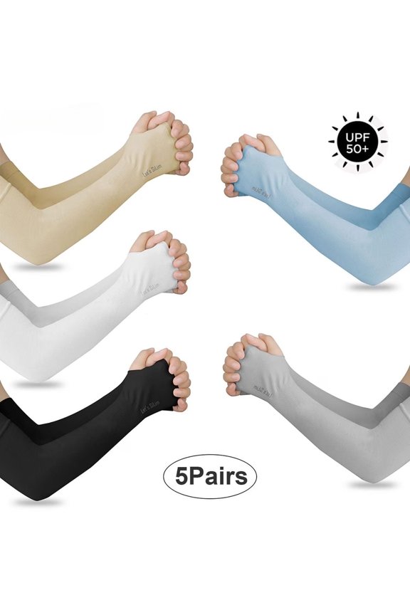 UV Protection Cooling Arm Sleeves Set, UPF 50+, Unisex, with Thumb Holes, 5 Count Pack