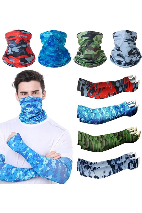 UV Protection Face Mask & Arm Sleeve Set: 4 Masks + 8 Sleeves, 100% Ice Silk Cooling, Sweat-Absorbing, Quick-Dry, 3D Print, for Sun, Wind, Dust & Sand - Unisex