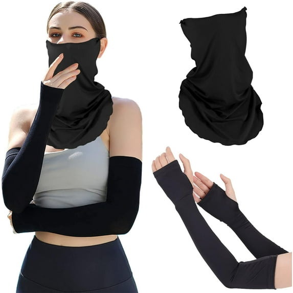 UV Protection Neck Gaiter Sun Arm Sleeves Set, Cooling Face Neck Mask and Compression Sleeves to Cover Arms UPF 50+ for Women