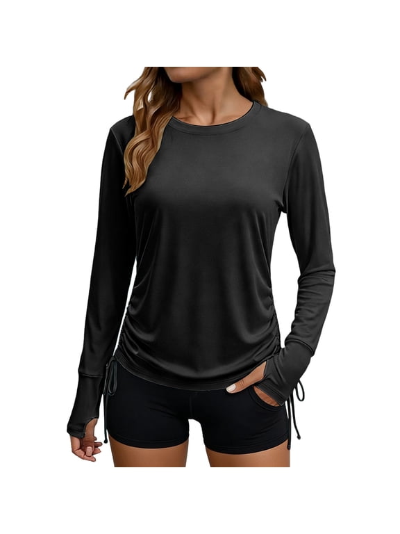 UV Protection Shirts for Women Round Neck Long Sleeve Drawstring Hem Top UPF 50+ Lightweight Breathable Shirt with Thumb Holes