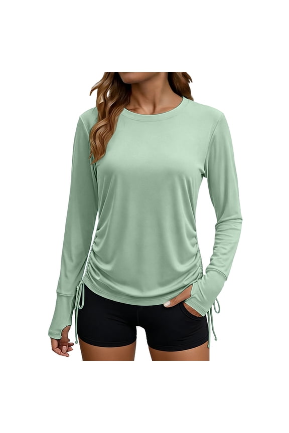 UV Protection Shirts for Women Round Neck Long Sleeve Drawstring Hem Top UPF 50+ Lightweight Breathable Shirt with Thumb Holes