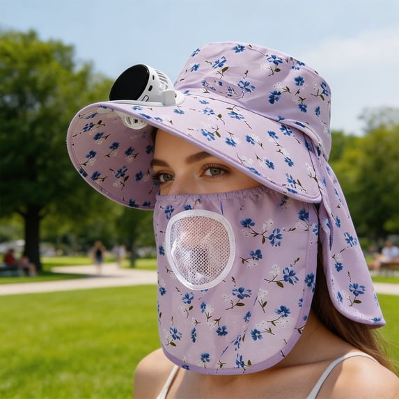 UV Protection Wide Brim Sun Hat with Detachable USB Rechargeable Cooling Fan, Floral Neck Flap Fishing Bucket Hat, Breathable Mesh Outdoor Sun Cap for Beach, Gardening, Cycling